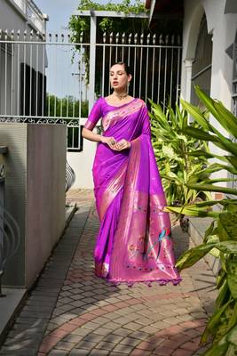 purple color banarasi paithani art silk saree with plain blouse 2