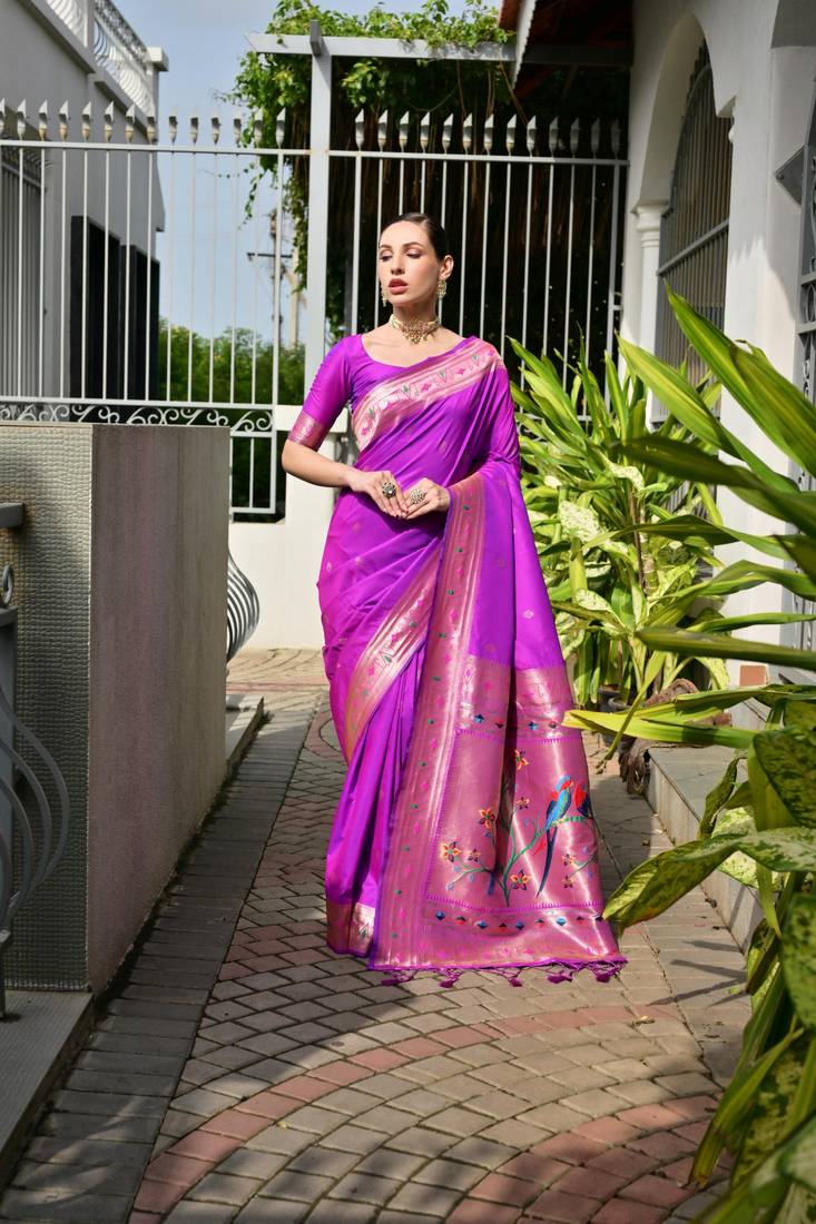 purple color banarasi paithani art silk saree with plain blouse