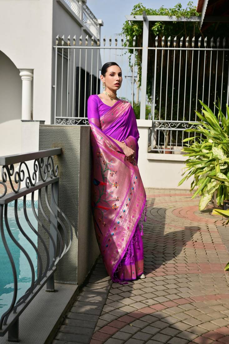 purple color banarasi paithani art silk saree with plain blouse