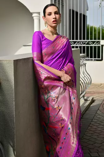 purple color banarasi paithani art silk saree with plain blouse