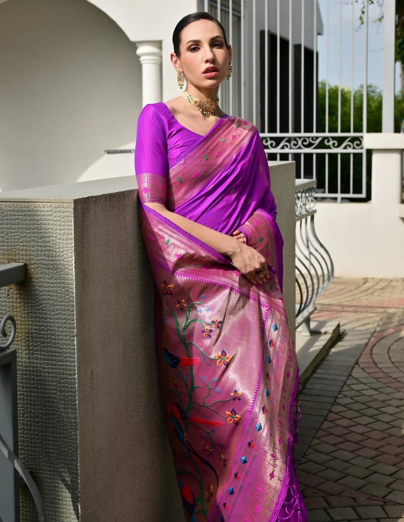 purple color banarasi paithani art silk saree with plain blouse