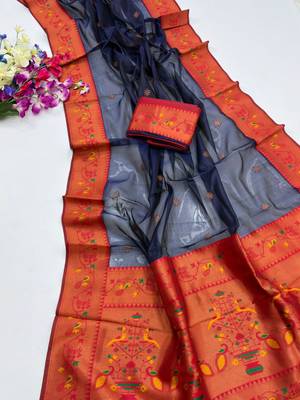 blue color tissue art silk saree with contrast blouse 1