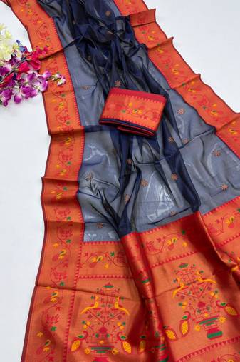 blue color tissue art silk saree with contrast blouse