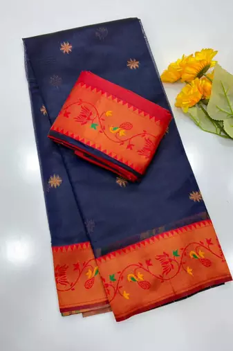 blue color tissue art silk saree with contrast blouse