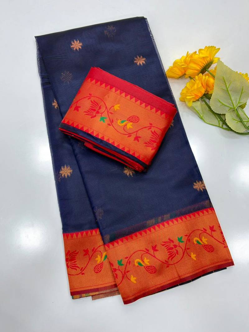 blue color tissue art silk saree with contrast blouse