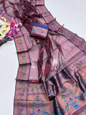 brown color tissue art silk saree with contrast blouse 2