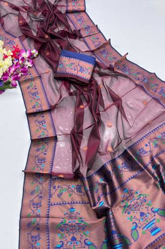 brown color tissue art silk saree with contrast blouse
