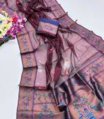 brown color tissue art silk saree with contrast blouse