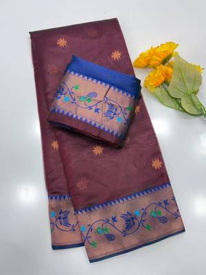 brown color tissue art silk saree with contrast blouse 1