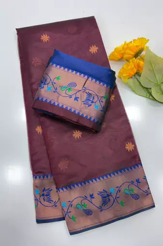 brown color tissue art silk saree with contrast blouse