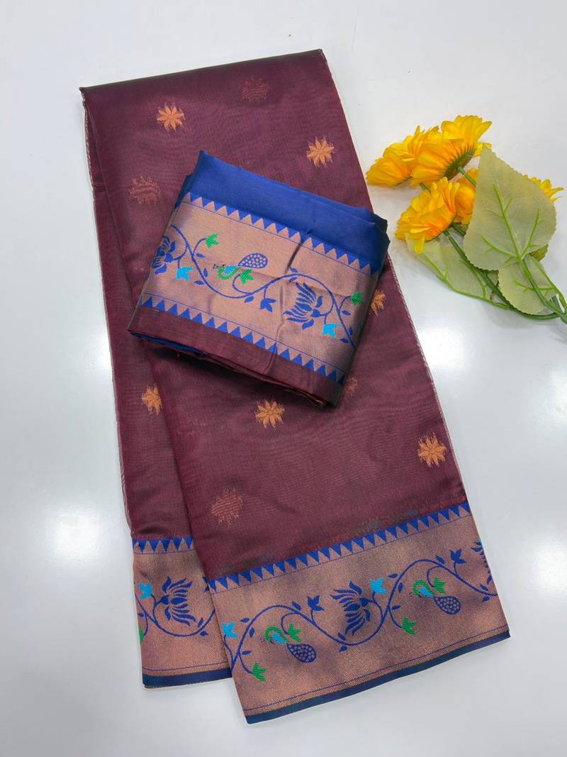 brown color tissue art silk saree with contrast blouse