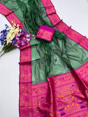green color tissue art silk saree with contrast blouse 1