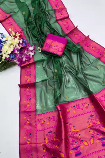 green color tissue art silk saree with contrast blouse