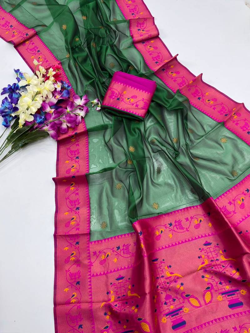 green color tissue art silk saree with contrast blouse