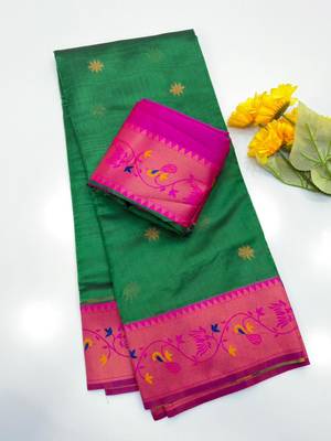 green color tissue art silk saree with contrast blouse 2