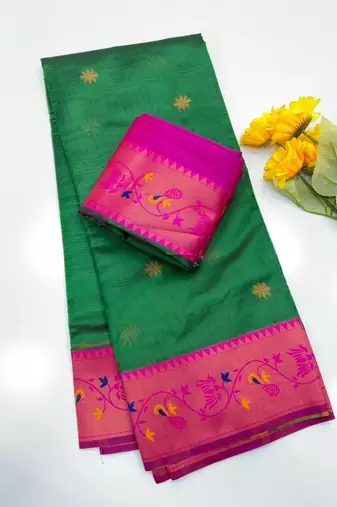 green color tissue art silk saree with contrast blouse