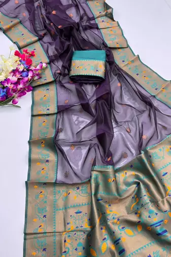 purple color tissue art silk saree with contrast blouse