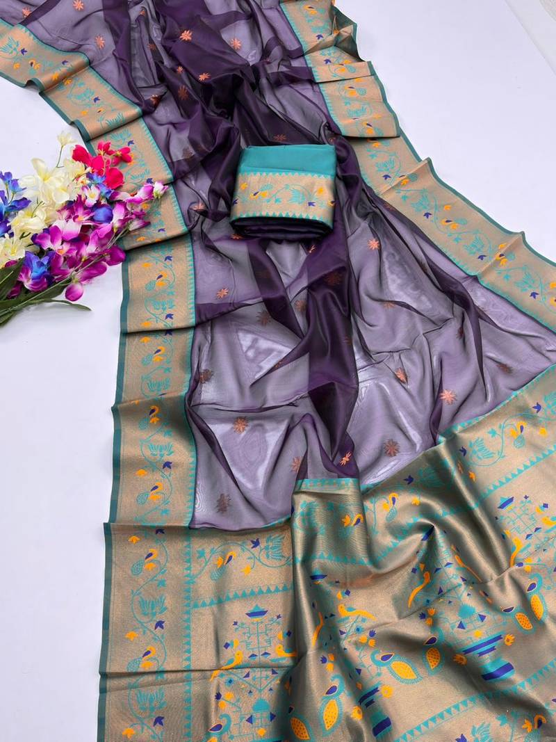 purple color tissue art silk saree with contrast blouse