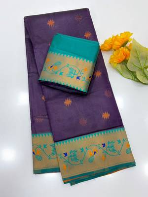 purple color tissue art silk saree with contrast blouse 2