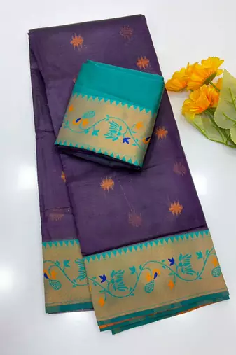 purple color tissue art silk saree with contrast blouse