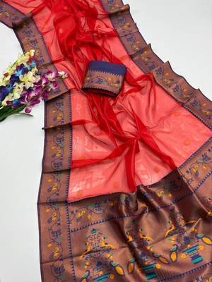 red color tissue art silk saree with contrast blouse 1