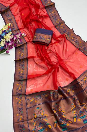 red color tissue art silk saree with contrast blouse