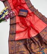 red color tissue art silk saree with contrast blouse