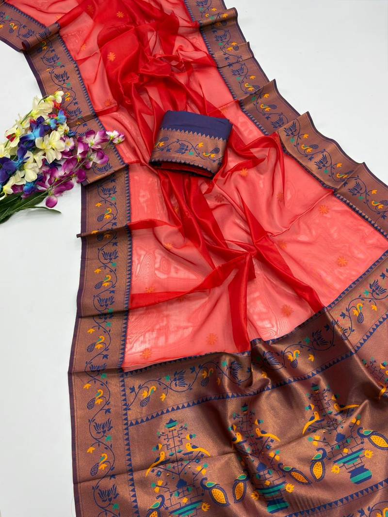 red color tissue art silk saree with contrast blouse