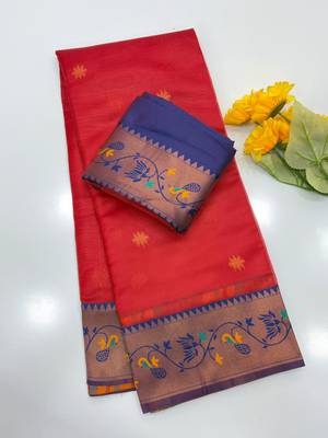 red color tissue art silk saree with contrast blouse 2