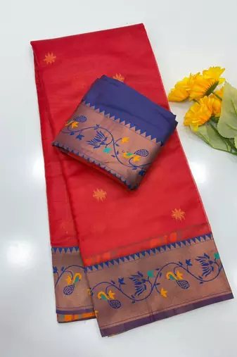 red color tissue art silk saree with contrast blouse