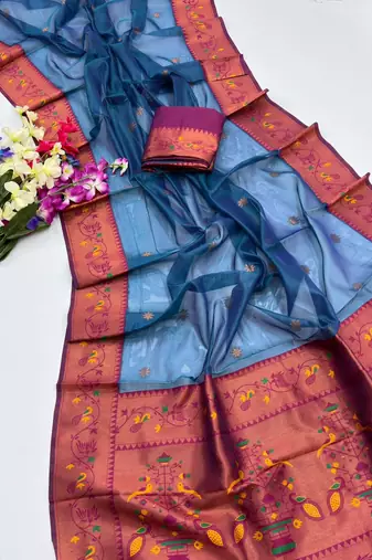 teal color tissue art silk saree with contrast blouse