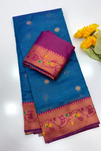 teal color tissue art silk saree with contrast blouse