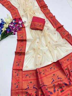 white color tissue art silk saree with contrast blouse 1