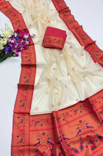 white color tissue art silk saree with contrast blouse