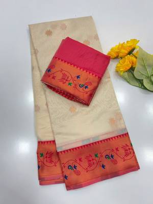 white color tissue art silk saree with contrast blouse 2
