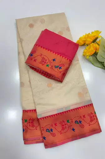 white color tissue art silk saree with contrast blouse