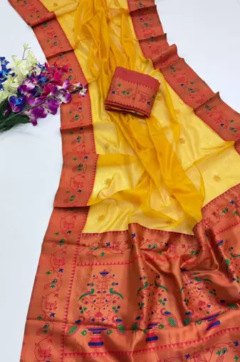 yellow color tissue art silk saree with contrast blouse