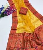 yellow color tissue art silk saree with contrast blouse