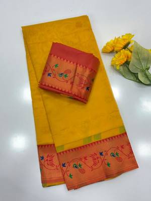 yellow color tissue art silk saree with contrast blouse 2