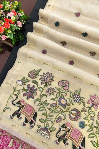 cream color cotton saree with contrast blouse