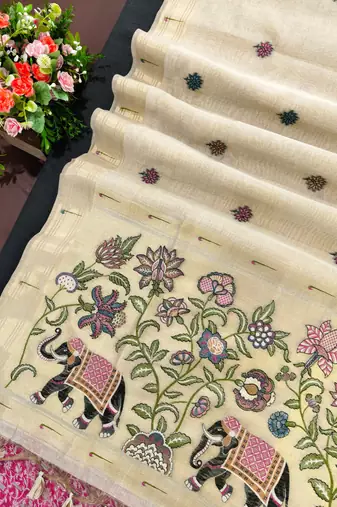 cream color cotton saree with contrast blouse