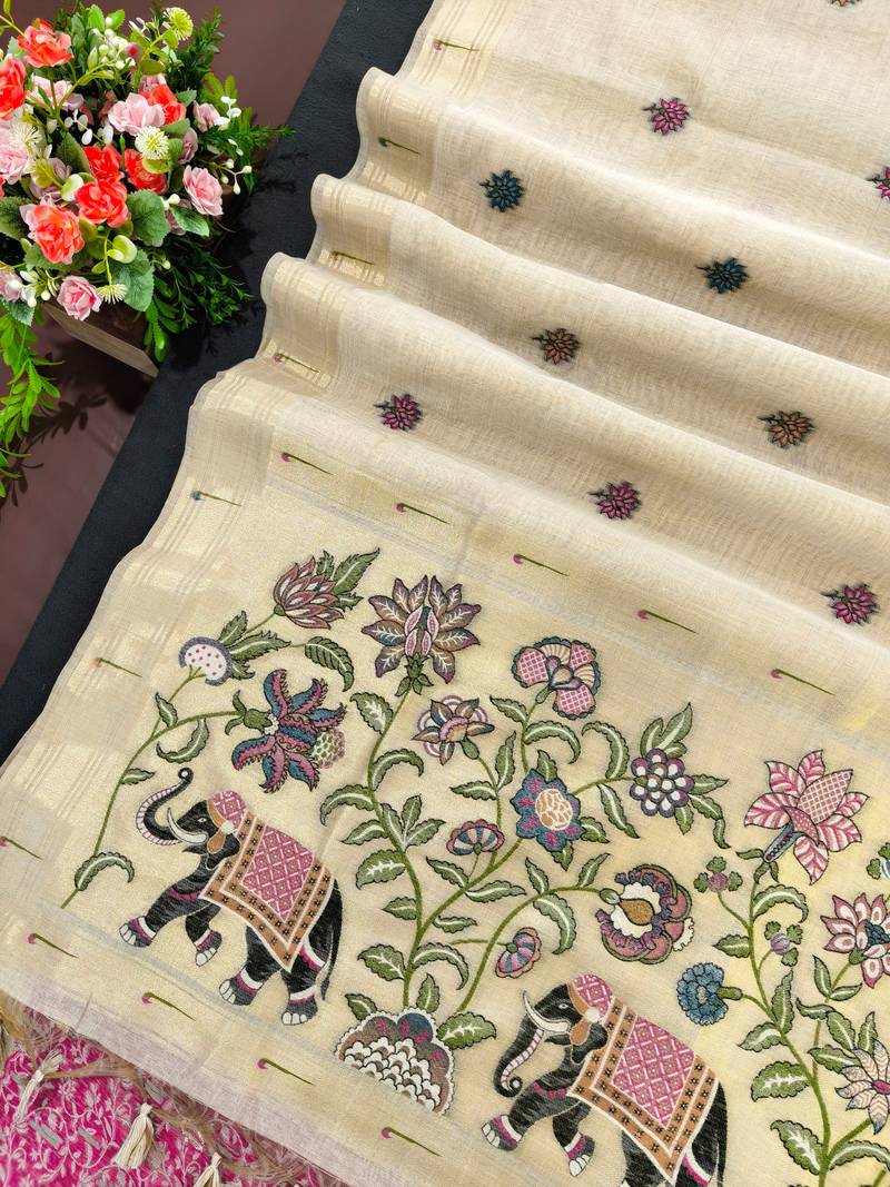 cream color cotton saree with contrast blouse