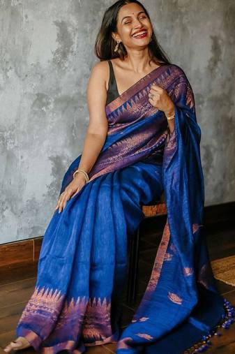 Blue soft linen slub jacuard work designer saree with blouse