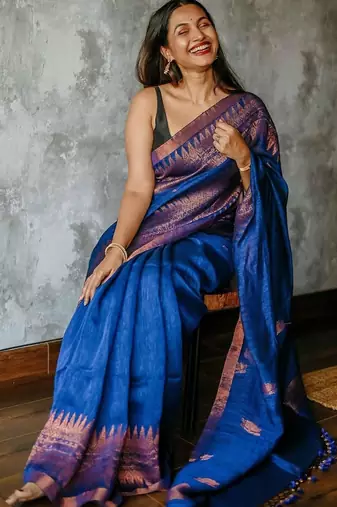 Blue soft linen slub jacuard work designer saree with blouse