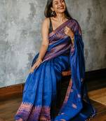 Blue soft linen slub jacuard work designer saree with blouse