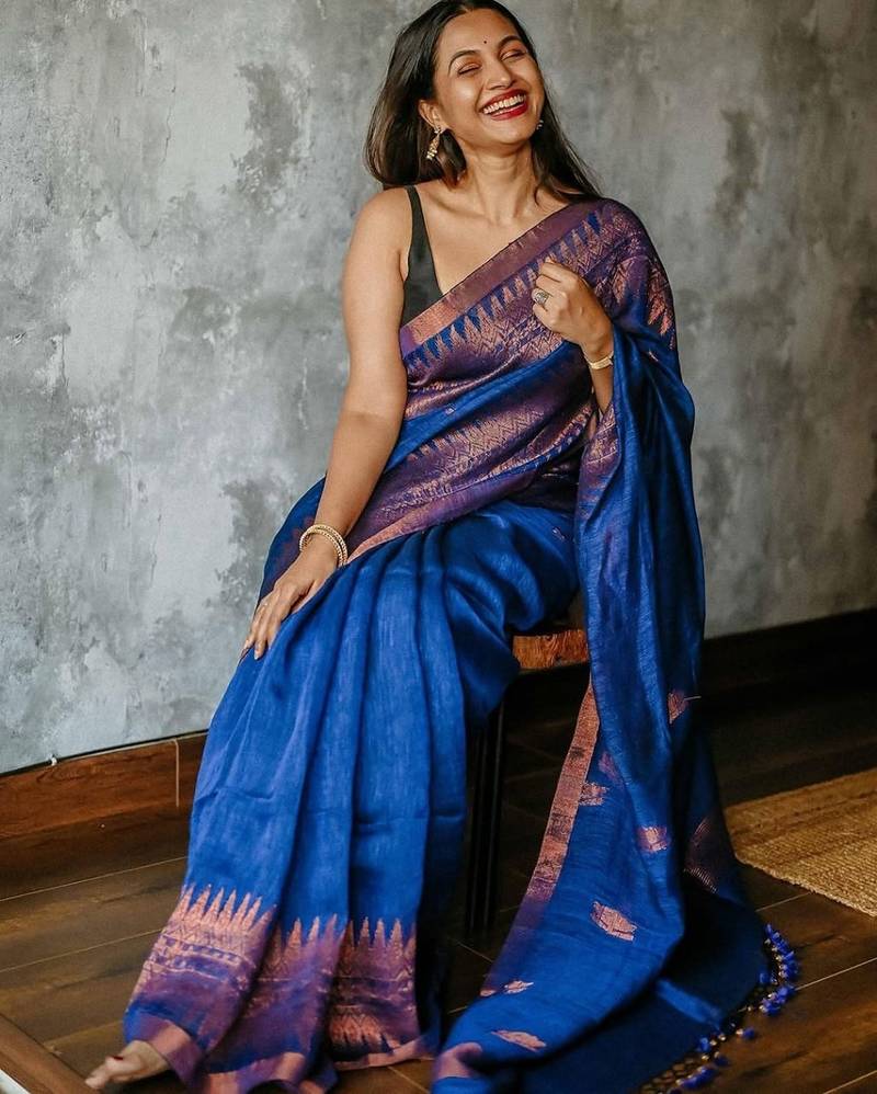 Blue soft linen slub jacuard work designer saree with blouse