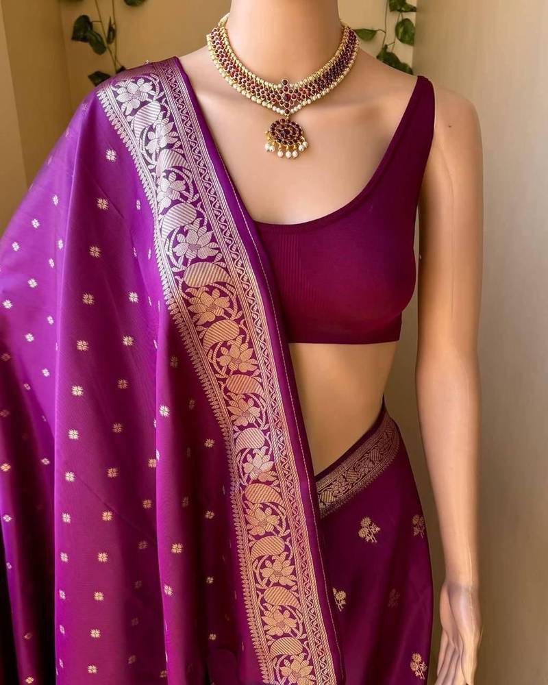 Purple soft silk blend banarasi jacuard work designer saree with blouse