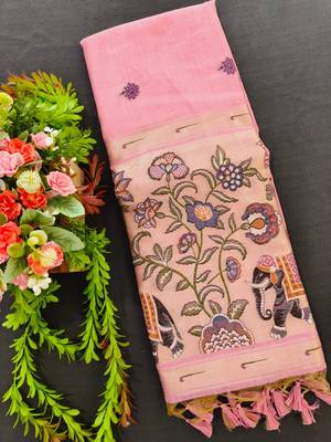 pink color cotton saree with contrast blouse 4
