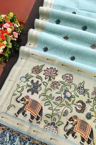 sky blue color cotton saree with contrast blouse