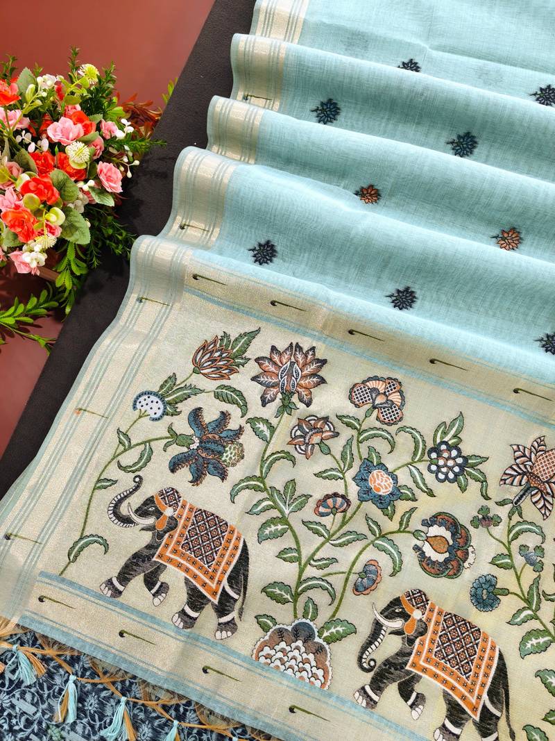 sky blue color cotton saree with contrast blouse